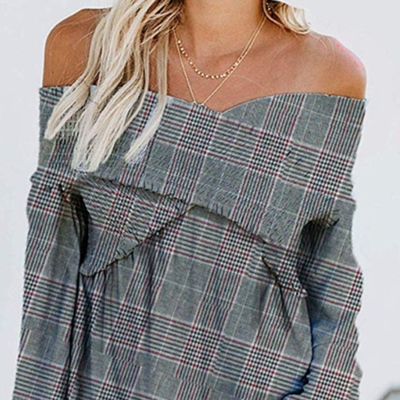 π€HPπ€ MELISSA Plaid Off Shoulder Blouse - Picture 4 of 8